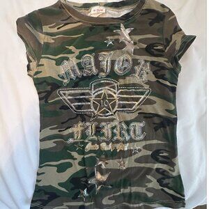 MAJOR FLIRT! Camo t-shirt, bedazzled, with cap sleeves, size S
